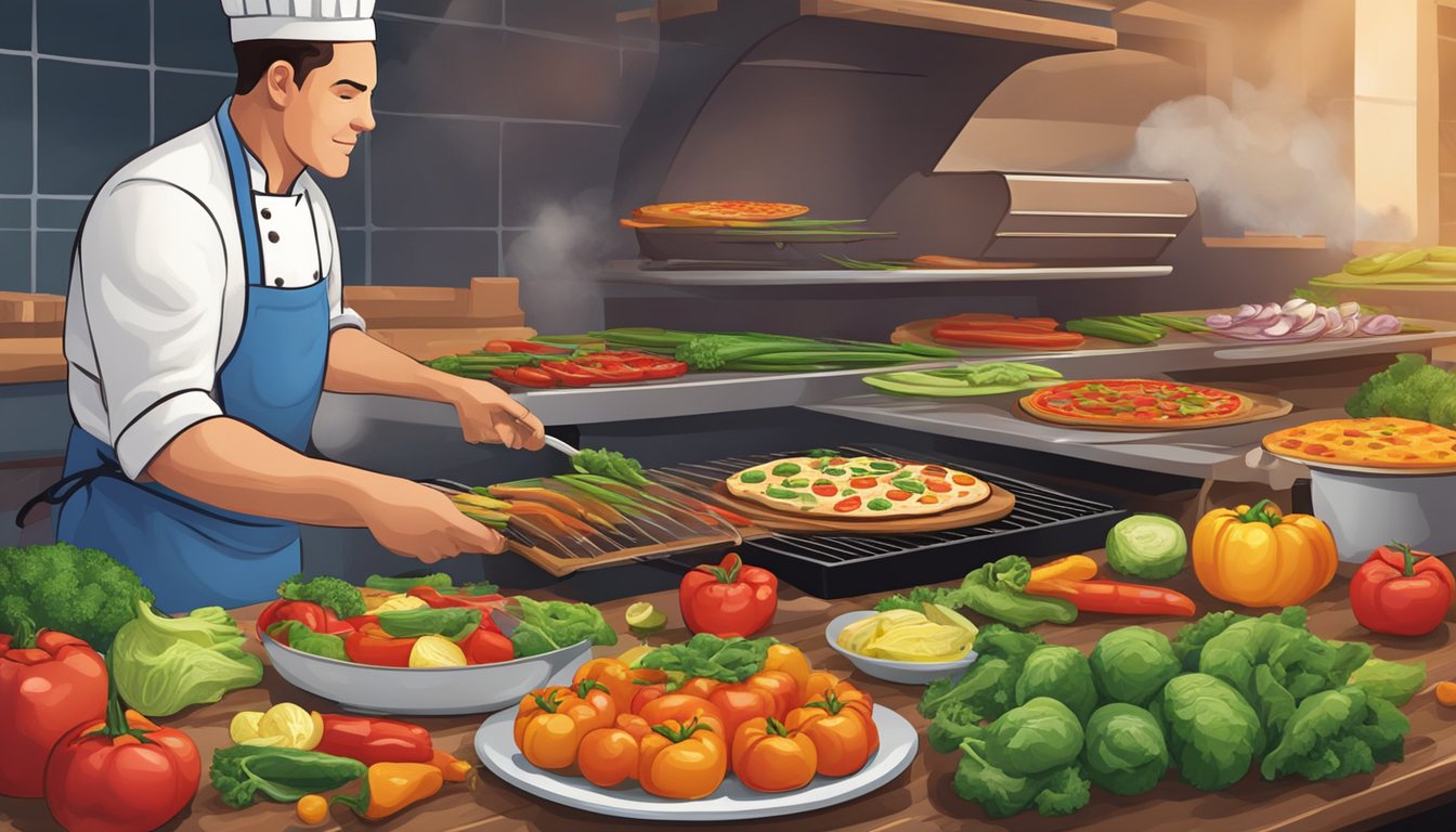 A chef prepares a colorful array of vegetables on a sizzling grill, with a pizza crust nearby