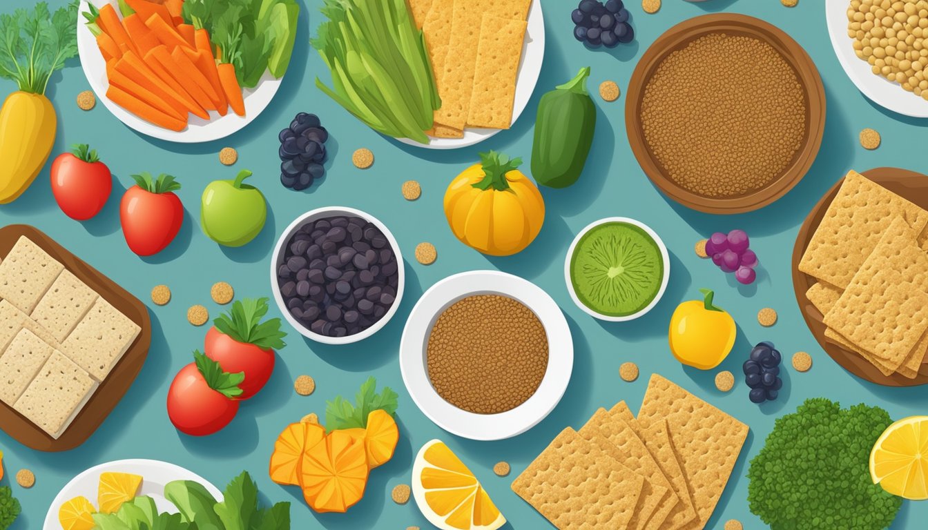 A table spread with an assortment of lentil crackers, fresh fruits, and vegetables, all arranged in a colorful and appetizing display