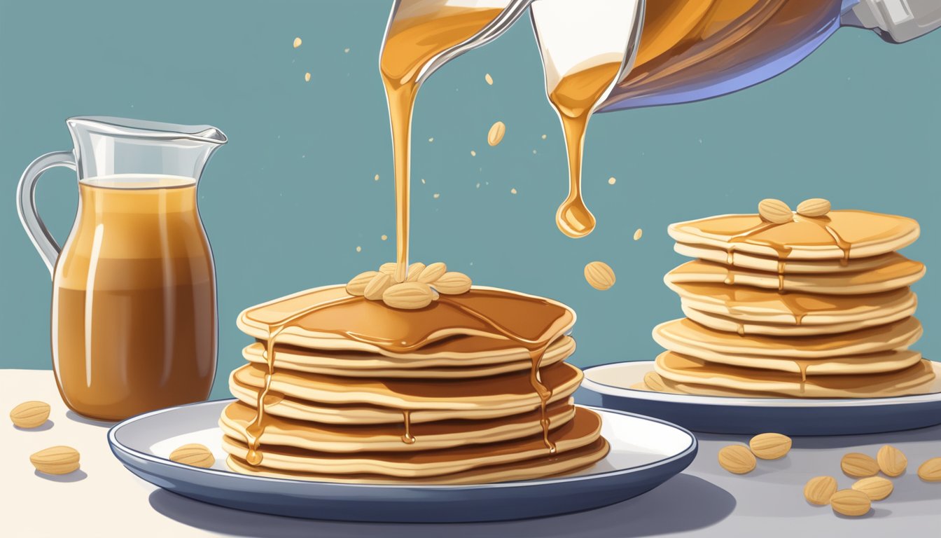 A bowl of oat syrup being poured over a stack of vegan pancakes