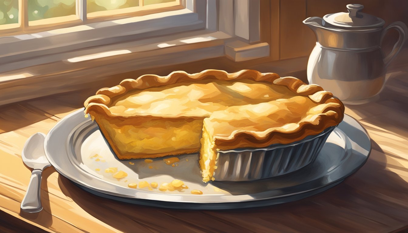 A rustic kitchen table with a golden, flaky chess pie sitting on a vintage pie dish. Sunshine streams through a nearby window, casting warm shadows on the pie