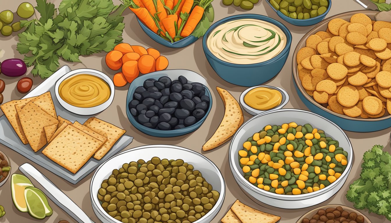 A table spread with an assortment of lentil crackers, olives, hummus, and fresh vegetables, all arranged in a colorful and appetizing display