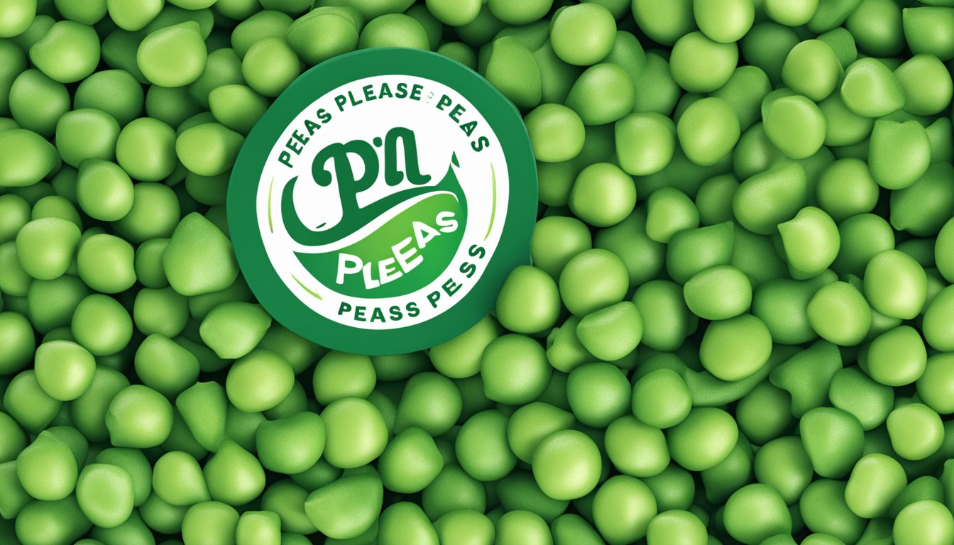 A pile of peeled peas snacks with the "Peas Please" logo