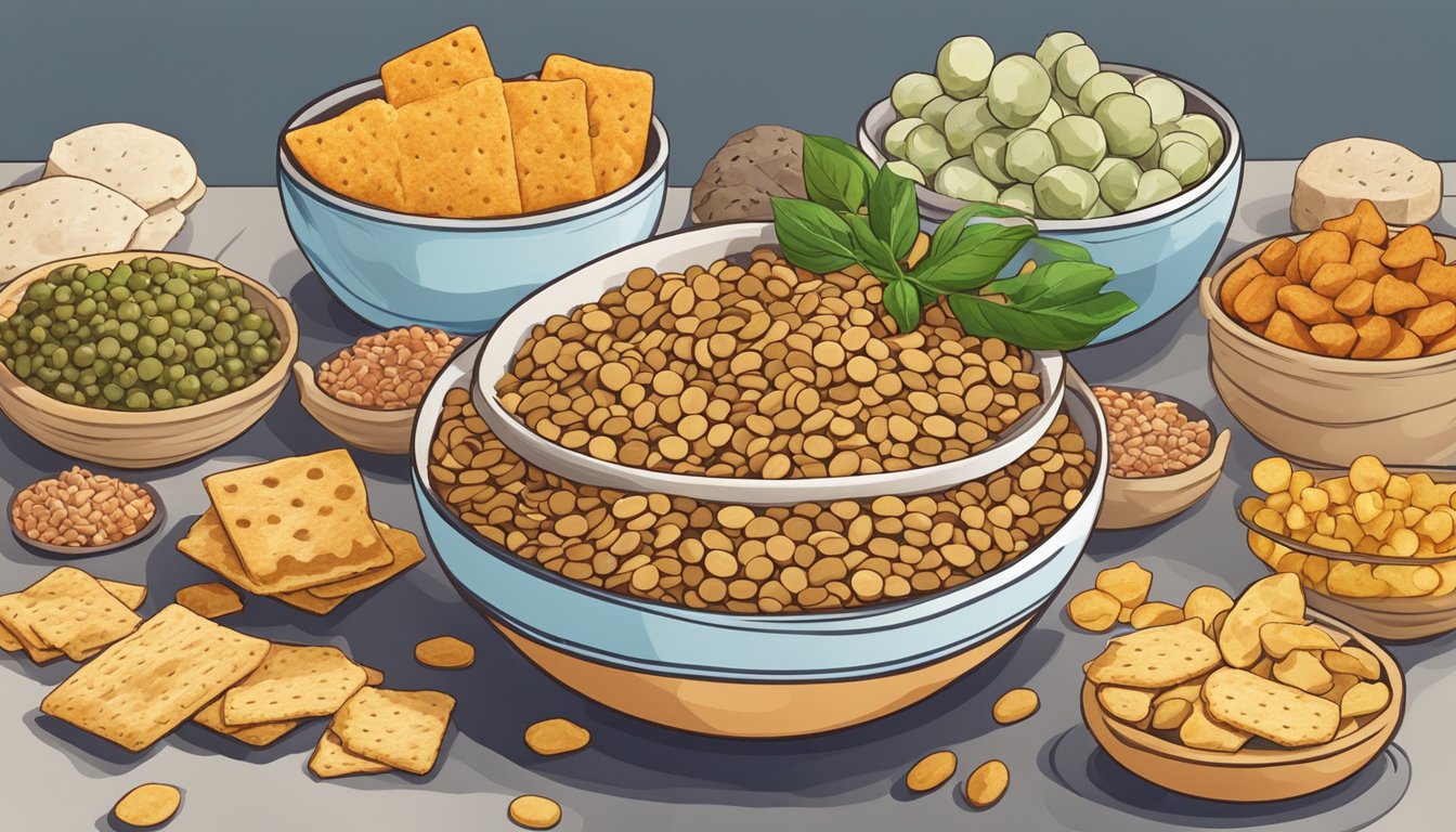 A bowl of lentil crackers surrounded by Mediterranean snacks and essential minerals, with a focus on vegan ingredients