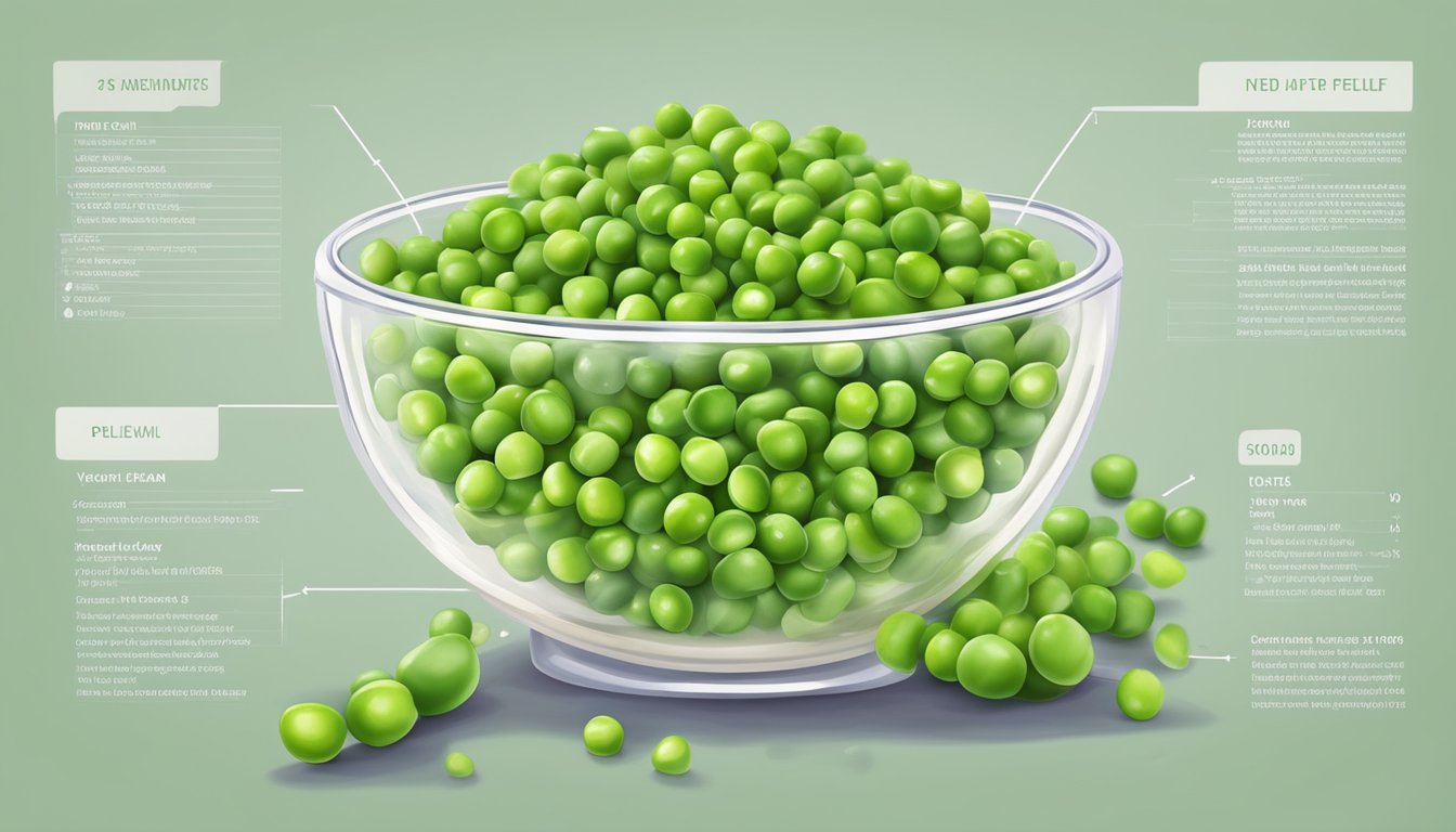 A bowl of colorful peeled snack peas with a vegan nutritional profile