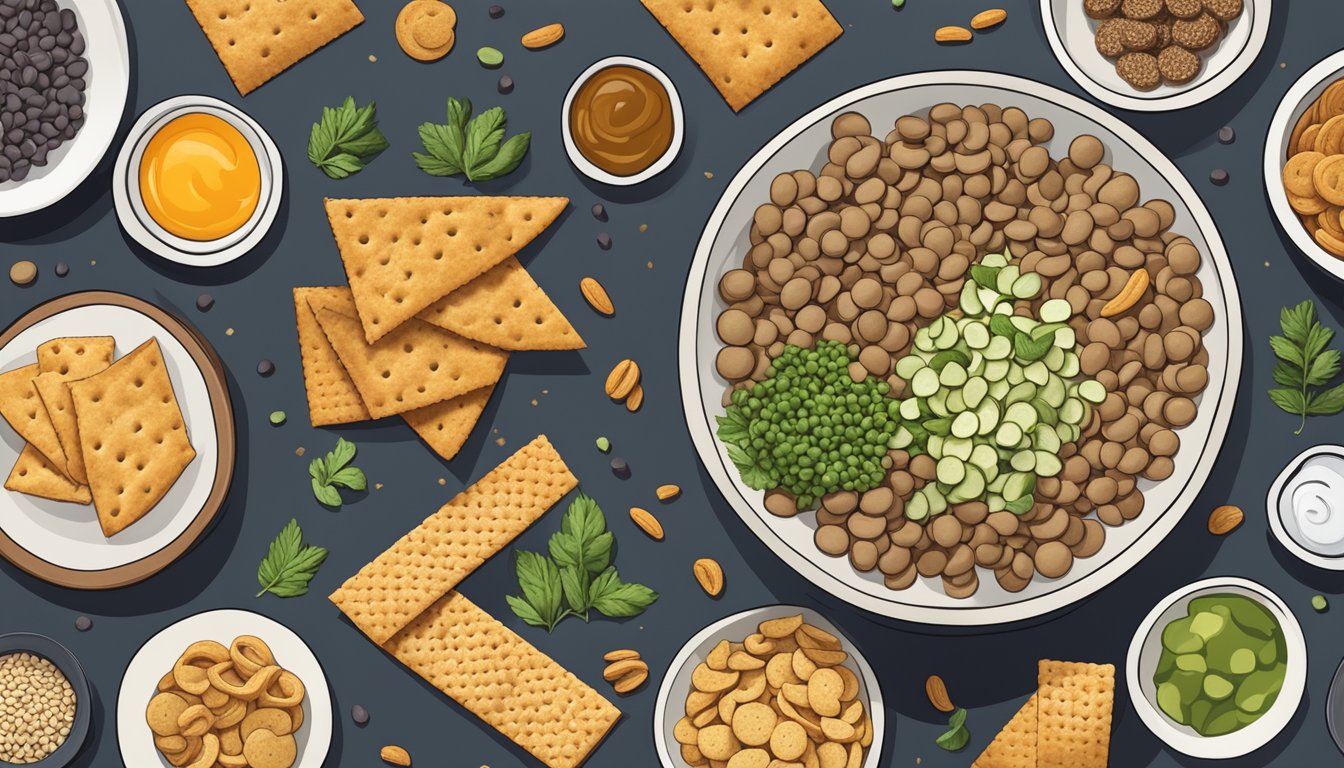 A bowl of lentil crackers surrounded by various non-dairy alternatives and Mediterranean snacks, with a focus on vegan ingredients