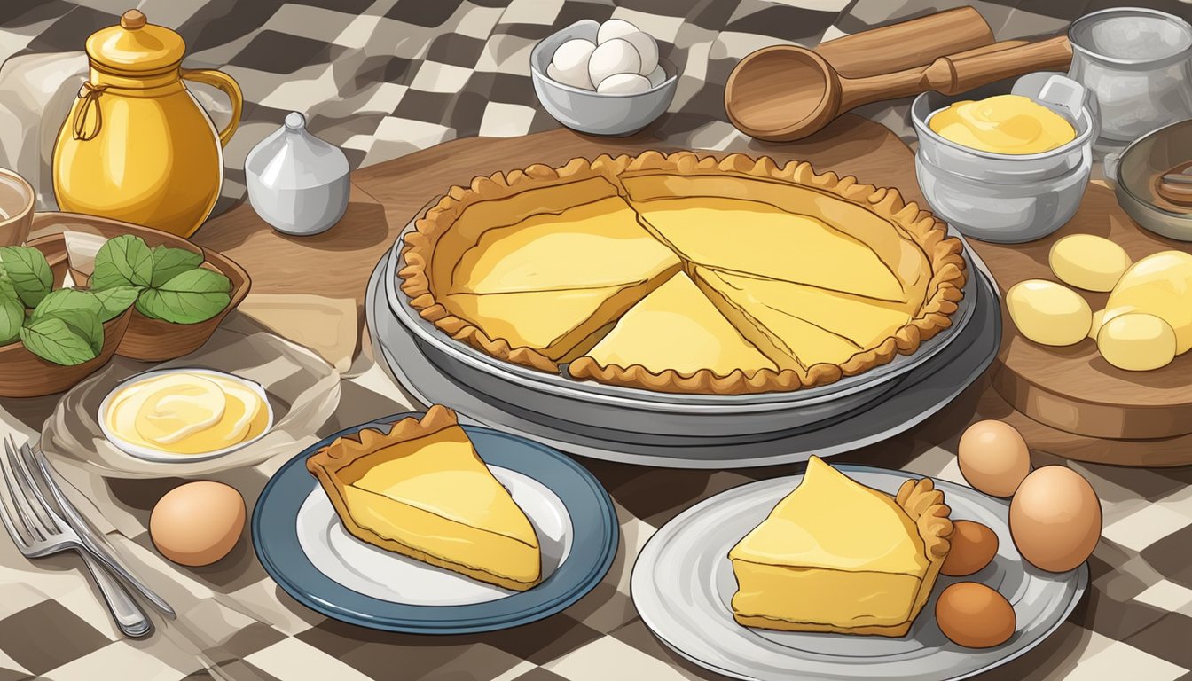 A table set with ingredients for traditional chess pie, including eggs and butter