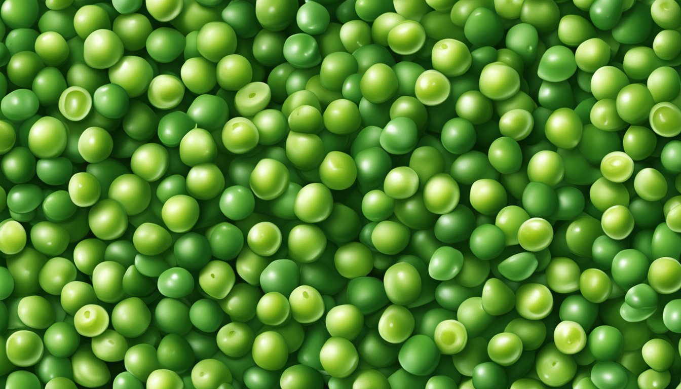 A pile of freshly peeled peas with a "V" symbol on each one