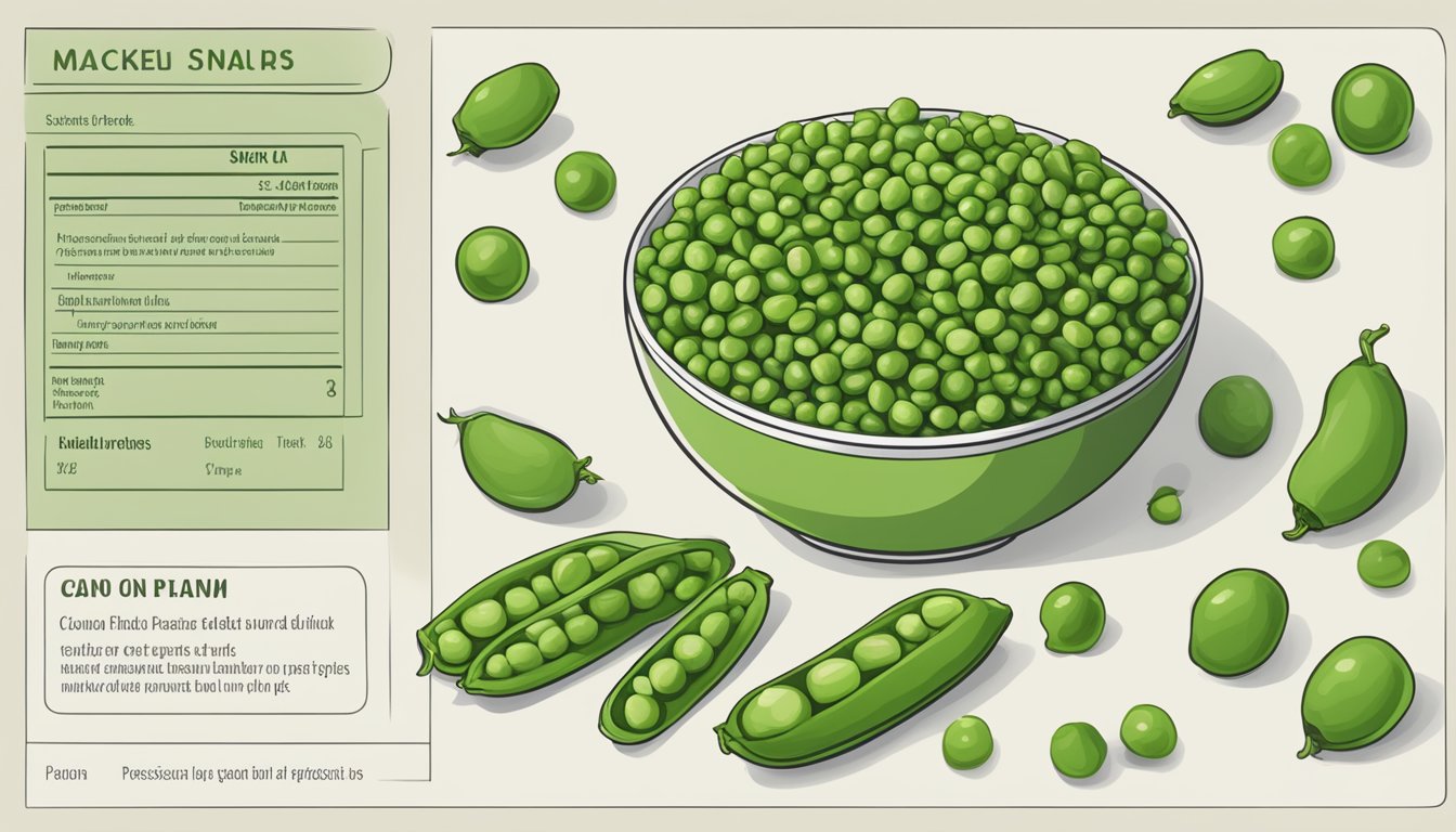 A bowl of peeled peas, a vegan snack, with an ingredient list beside it