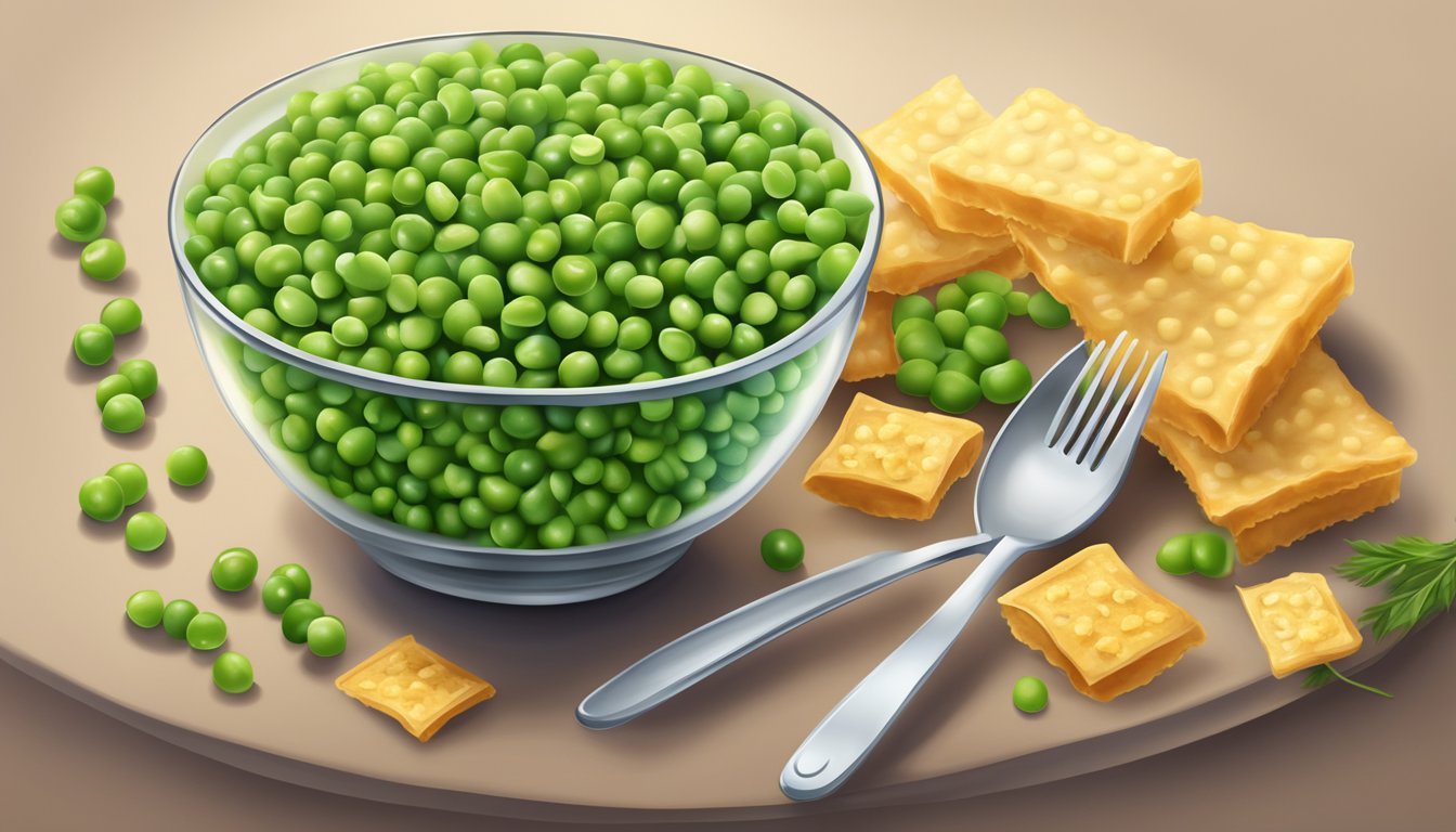 A bowl of peeled peas and vegan snacks, emphasizing health aspects