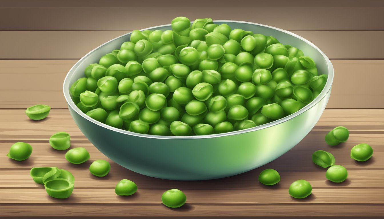 A bowl of vibrant green peeled pea snacks on a wooden table