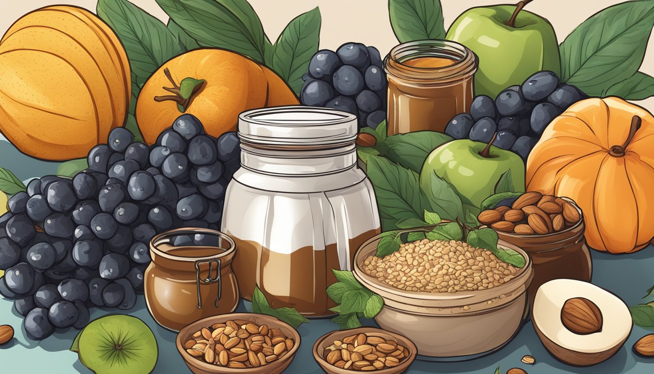 A jar of blackstrap molasses surrounded by various vegan ingredients like fruits, nuts, and grains