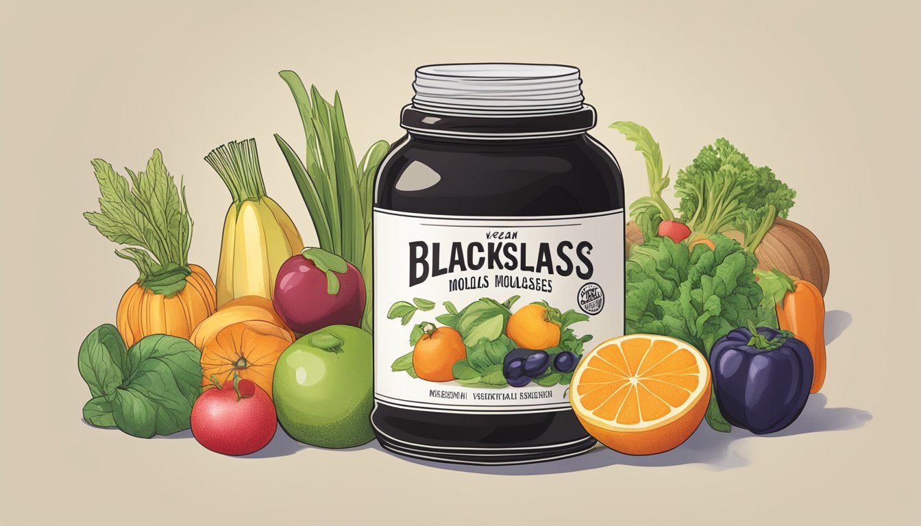 A jar of blackstrap molasses surrounded by various fruits and vegetables, emphasizing its vegan-friendly health benefits