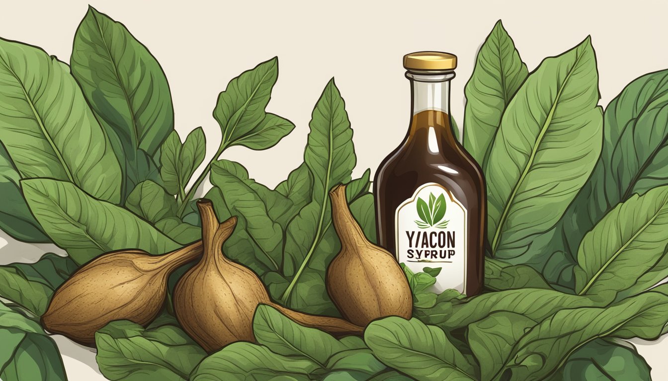 A bottle of yacon syrup surrounded by fresh yacon roots and leaves, with a vegan symbol displayed prominently