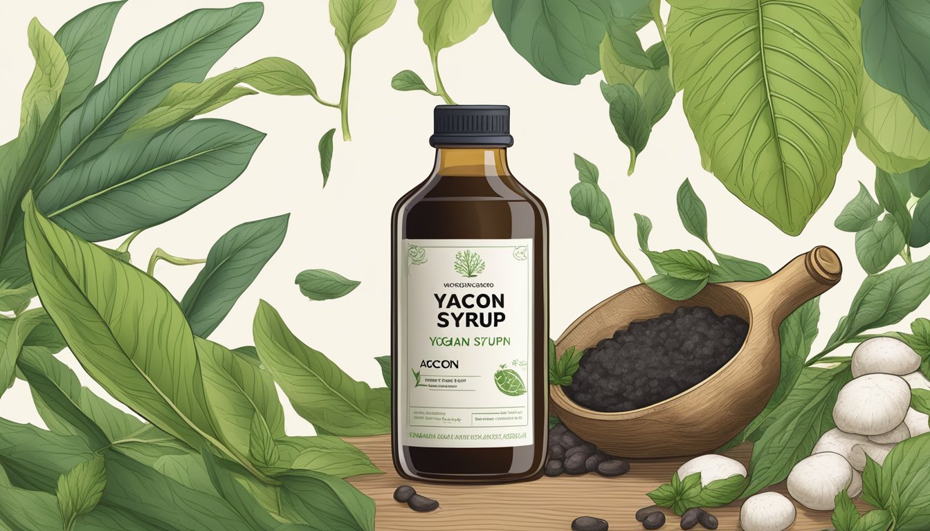 A bottle of yacon syrup surrounded by fresh yacon roots and leaves, with a nutritional label and vegan certification visible