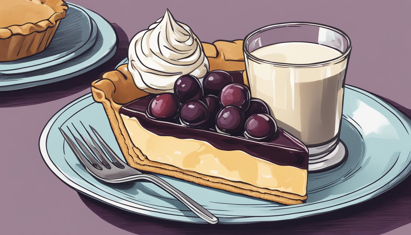 A slice of chess pie sits on a plate next to a scoop of vegan ice cream. A glass of red wine is placed nearby