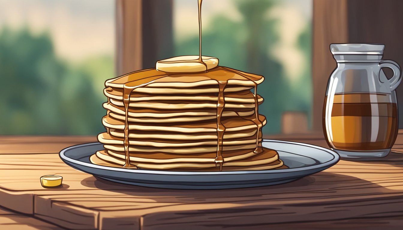 A bowl of yacon syrup drizzled over a stack of vegan pancakes on a wooden table