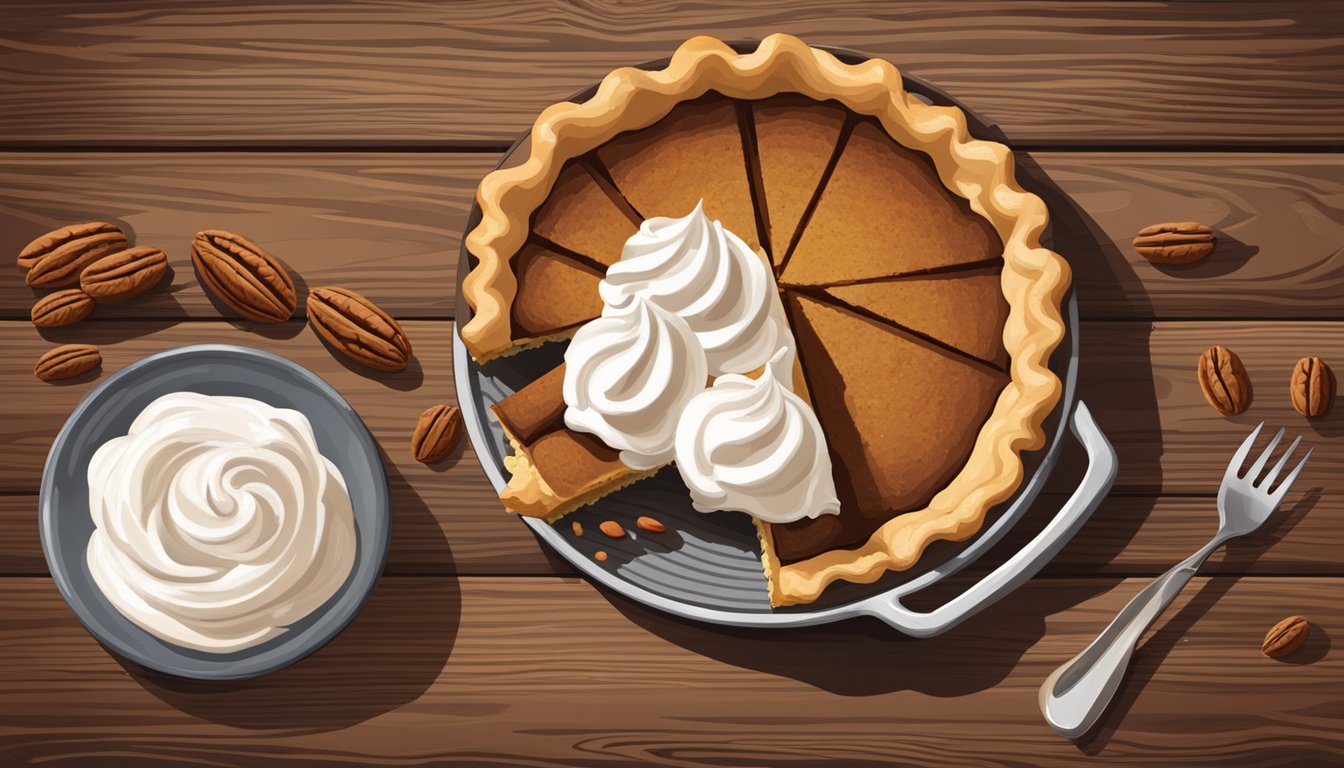 A slice of chess pie on a rustic wooden table, surrounded by a scattering of pecans and a dollop of whipped cream