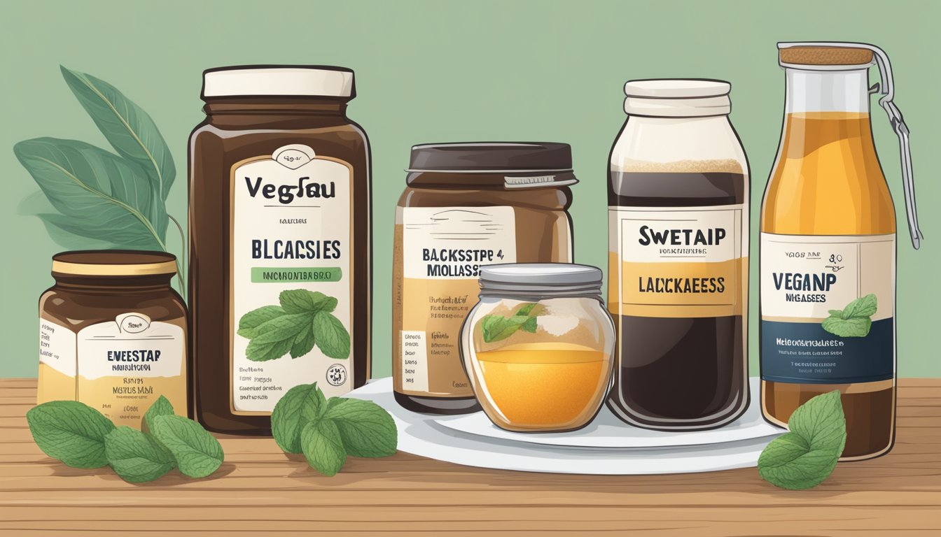 A table with various sweeteners and their nutritional information, including a jar of blackstrap molasses labeled "vegan."