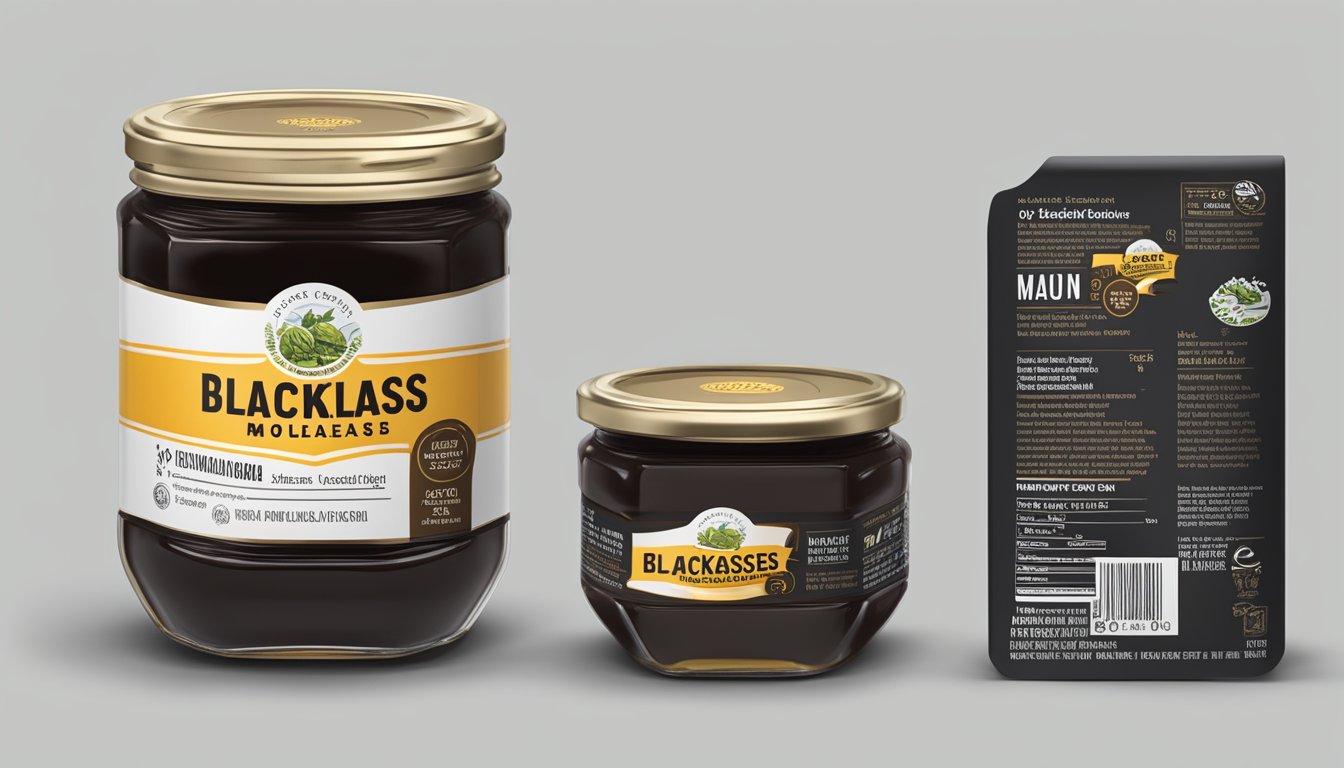 A jar of blackstrap molasses with a prominent vegan certification label