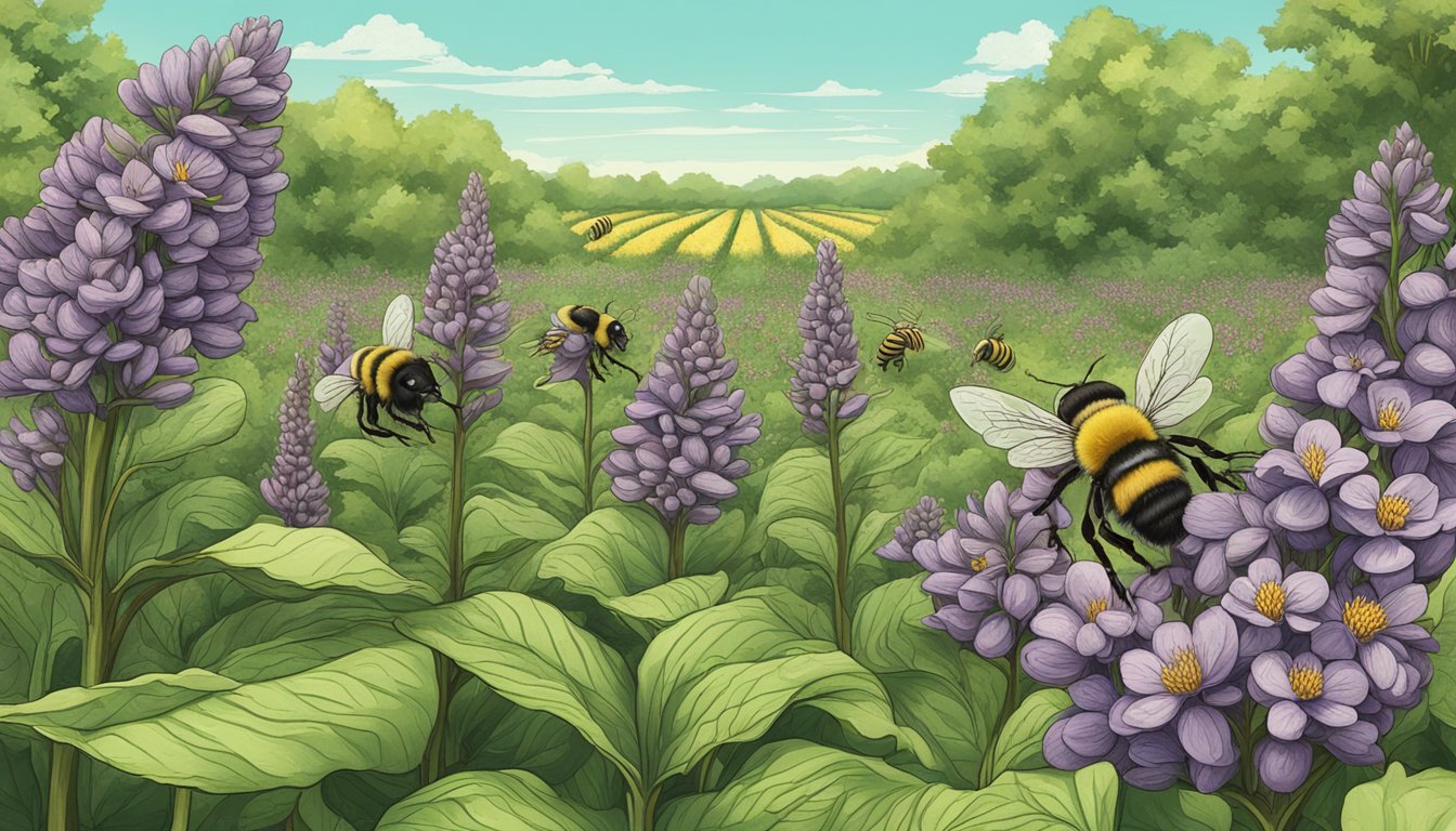 A lush field of yacon plants with bees pollinating the flowers and a sign nearby indicating "vegan-friendly yacon syrup."