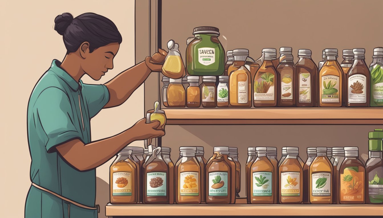 A person pouring yacon syrup into a glass jar, then placing it on a shelf next to other vegan sweeteners like agave and maple syrup