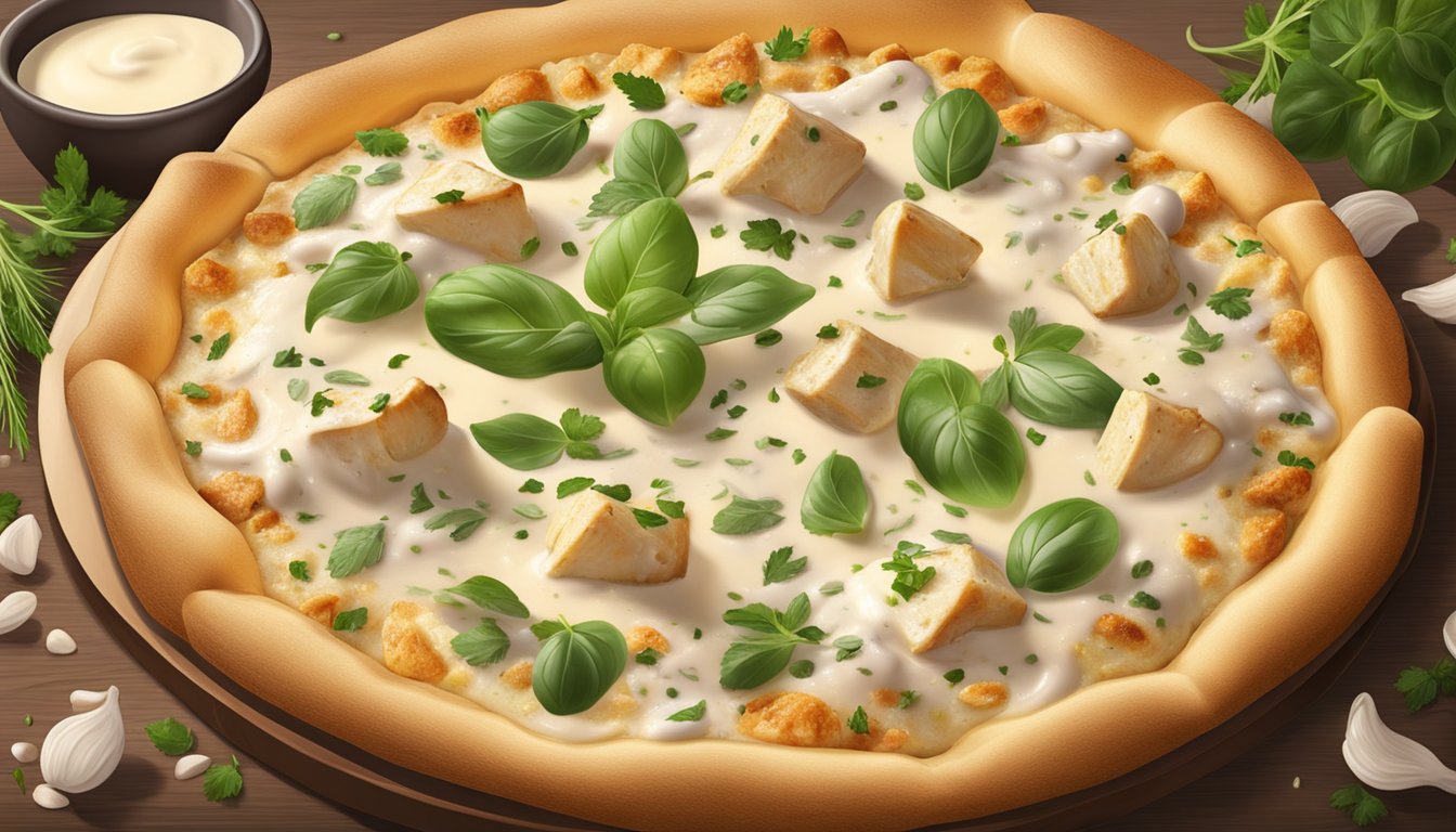 A steaming chicken alfredo pizza with creamy white sauce, chunks of grilled chicken, and sprinkled with fresh herbs on a golden-brown crust