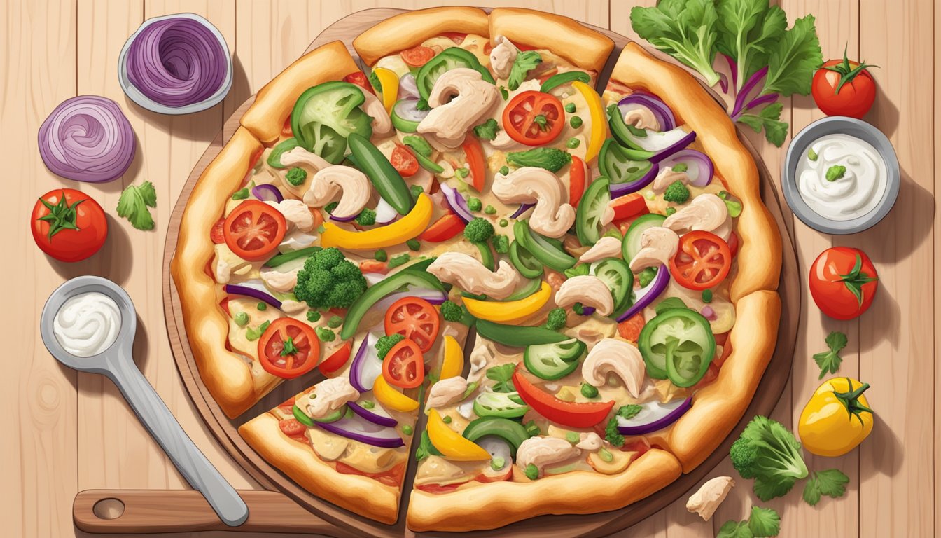 A colorful pizza topped with vegan chicken, alfredo sauce, and assorted vegetables on a wooden pizza peel