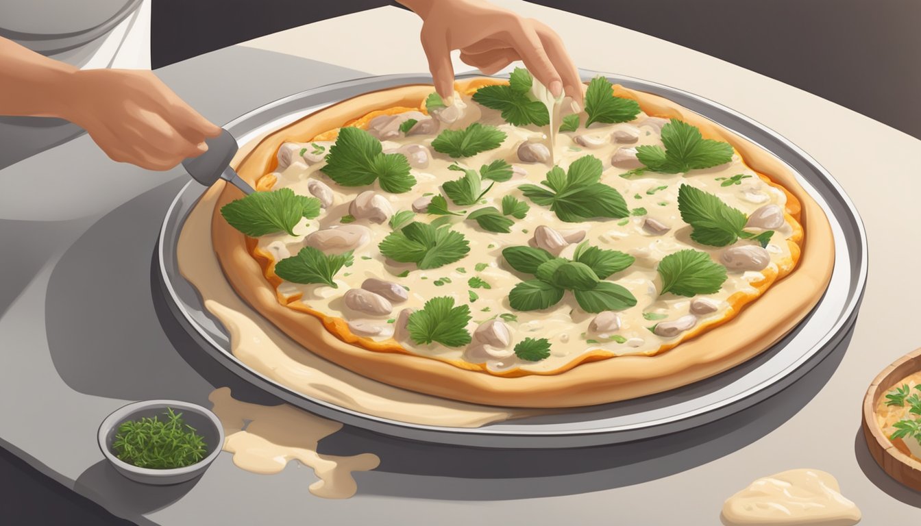 A chef spreads creamy white sauce on a pizza dough, topping it with vegan chicken, cheese, and fresh herbs