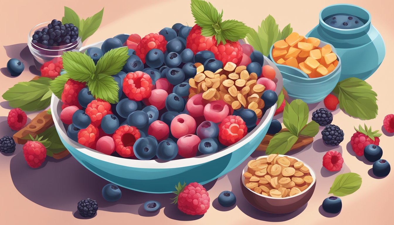 A bowl of mixed berries surrounded by various healthy snacks on a table