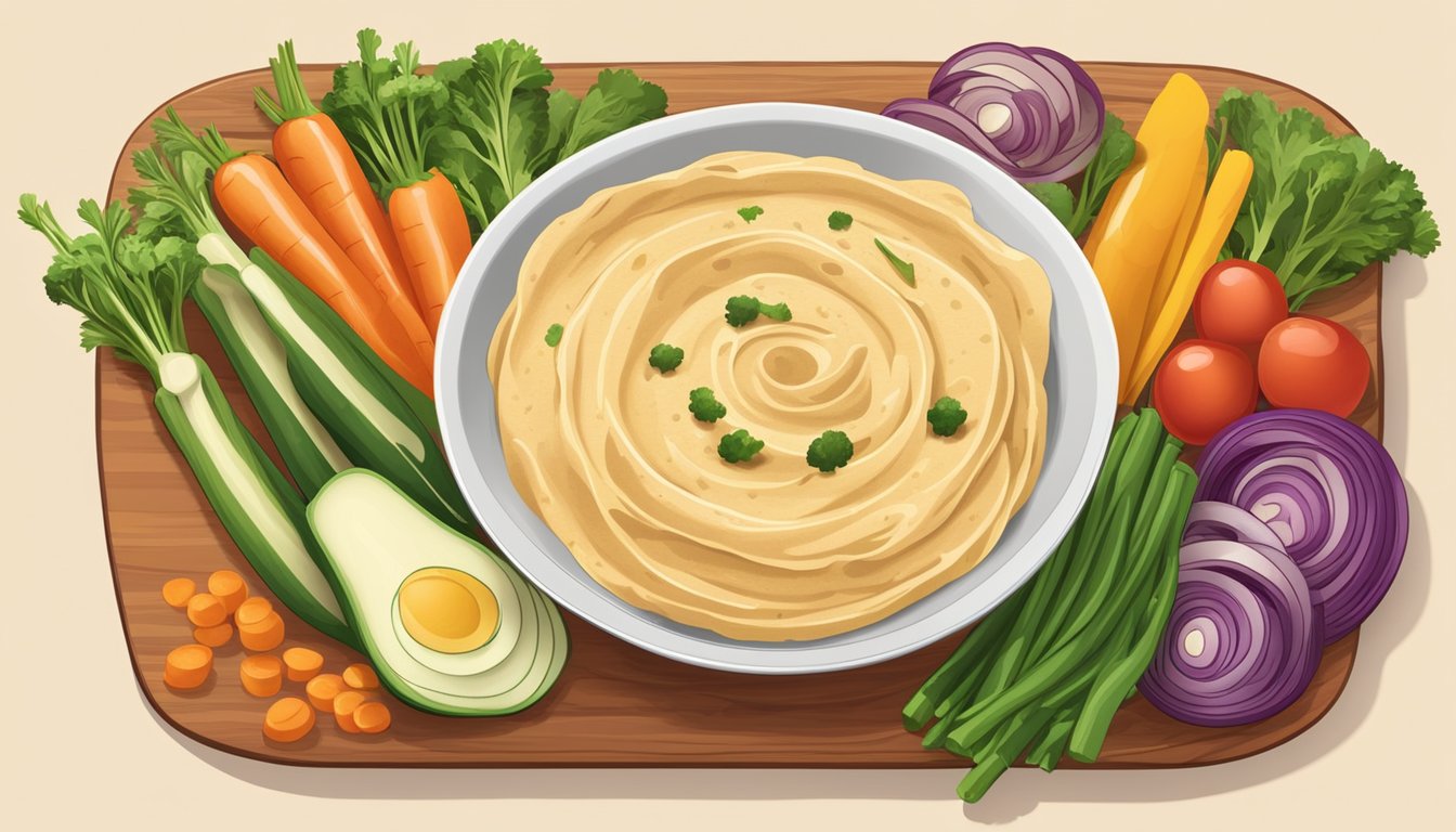 A bowl of hummus surrounded by colorful sliced vegetables on a wooden cutting board