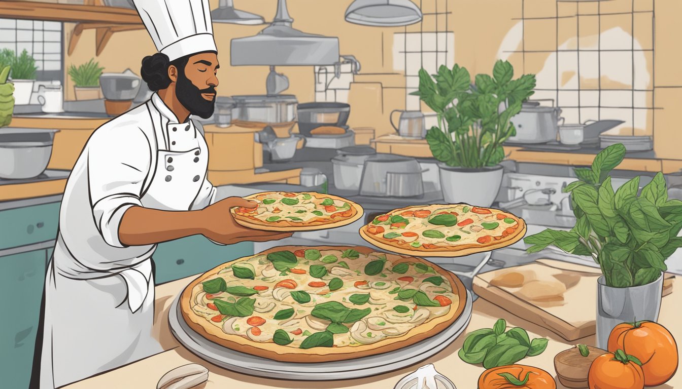 A chef prepares a vegan chicken alfredo pizza with various plant-based toppings