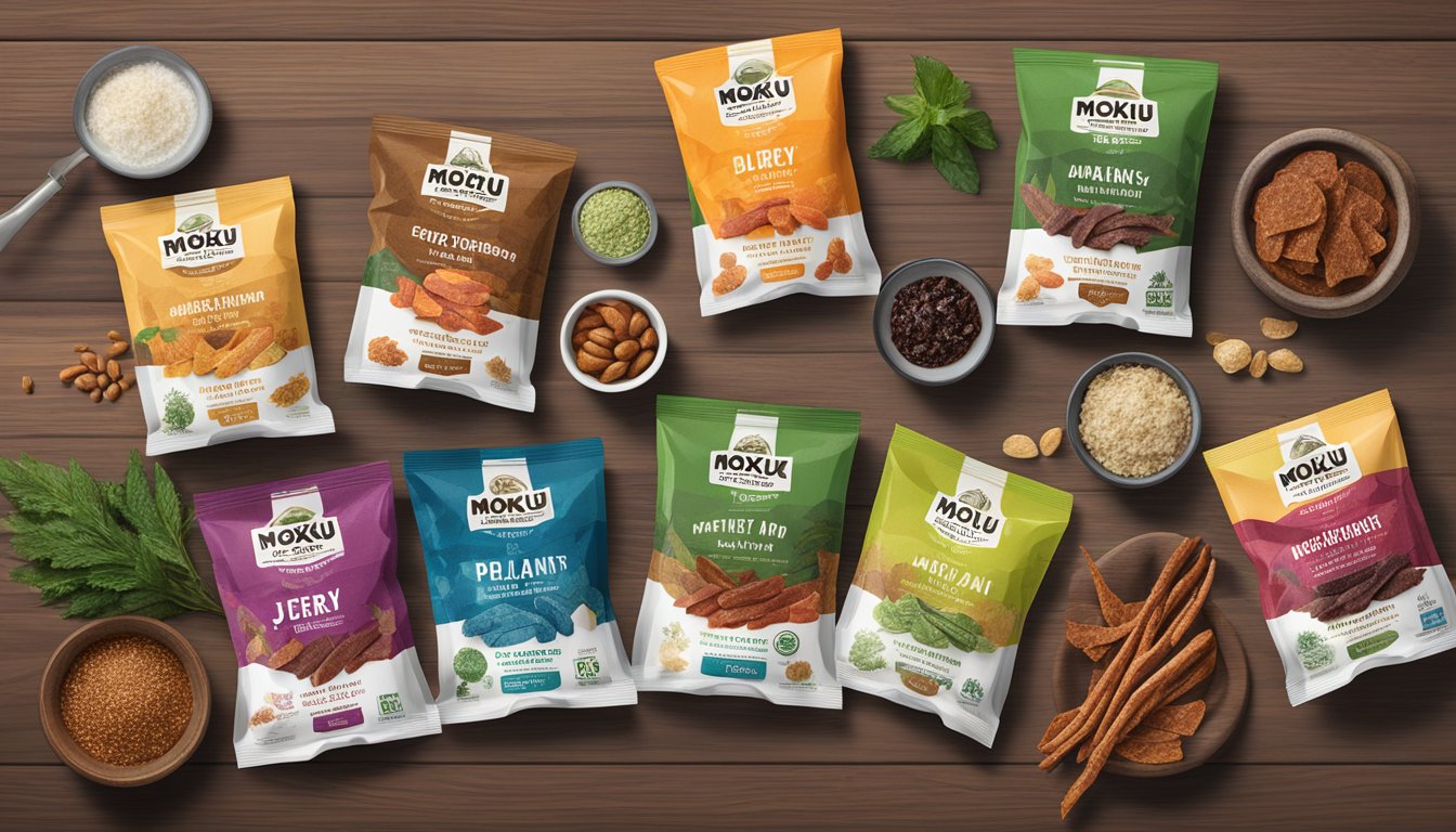 A variety of moku plant-based jerky flavors and ingredients displayed on a wooden table