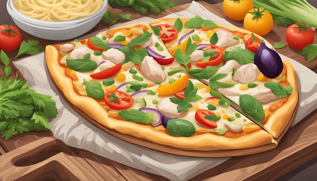 A slice of chicken alfredo pizza with colorful vegetables and herbs on a wooden cutting board