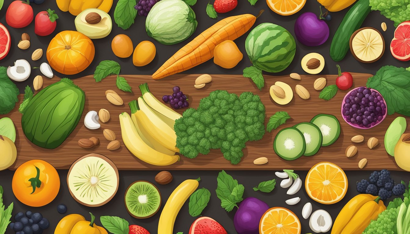 A colorful array of fresh fruits and vegetables, along with various nuts and seeds, are spread out on a wooden cutting board