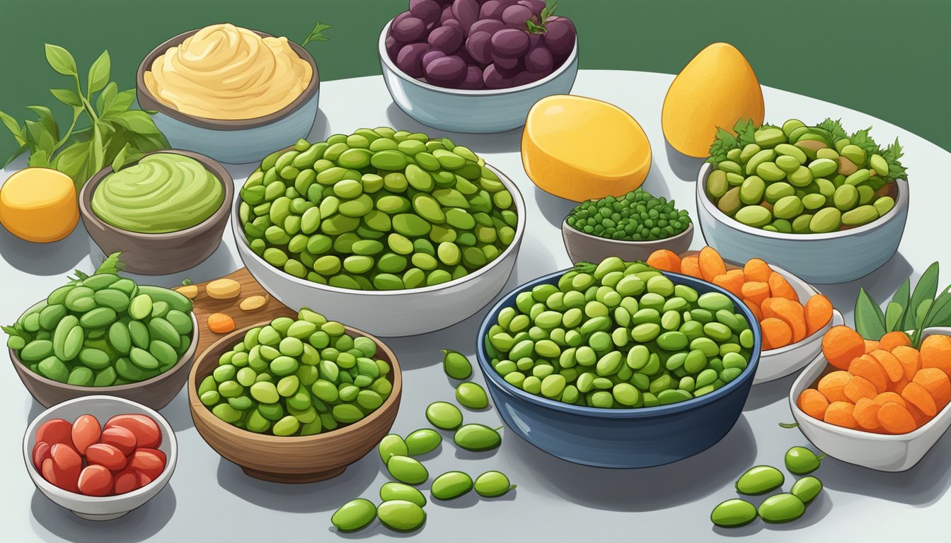 A variety of edamame snacks arranged on a table, including edamame hummus, roasted edamame, and edamame salad, surrounded by fresh vegetables and fruits