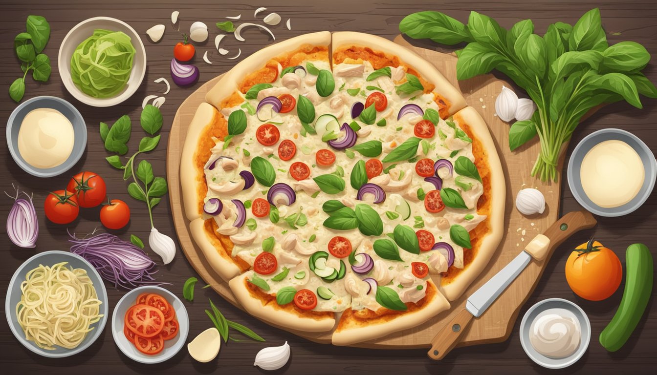 A chef prepares a chicken alfredo pizza with various vegan ingredients spread across a wooden cutting board