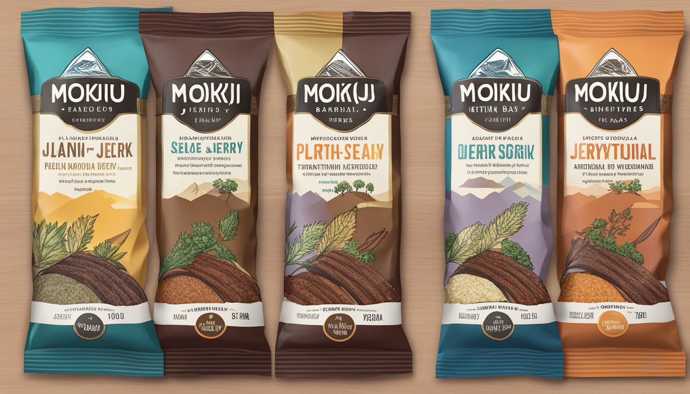 A side-by-side display of Moku Jerky and traditional jerky, with plant-based ingredients and vegan labeling