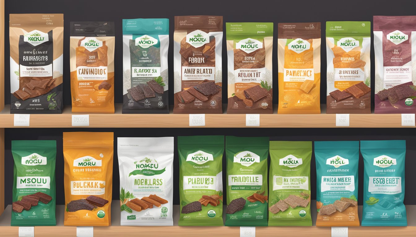 A display of moku plant-based jerky on a grocery store shelf, with various flavors and packaging options available for purchase