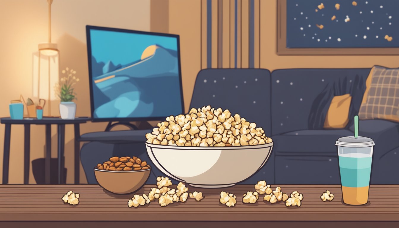 A bowl of almond butter popcorn surrounded by diabetic-friendly snacks on a cozy movie night setup