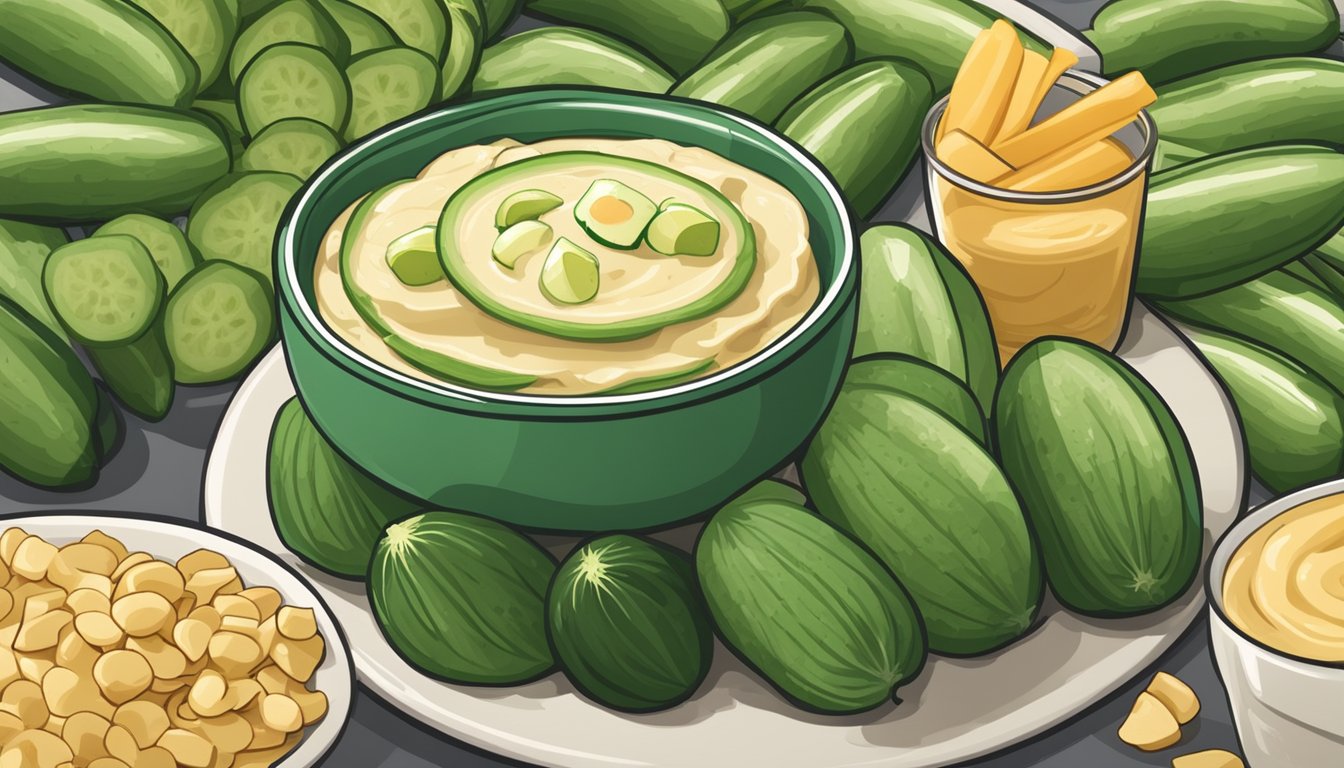 A plate of cucumber slices arranged around a bowl of hummus, set on a cozy movie night snack table