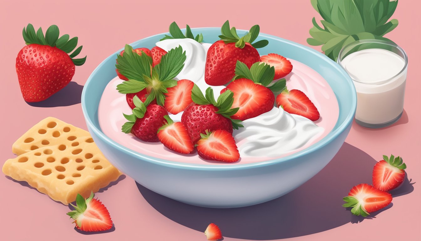 A bowl of fresh strawberries next to a dollop of creamy Greek yogurt, surrounded by movie snacks