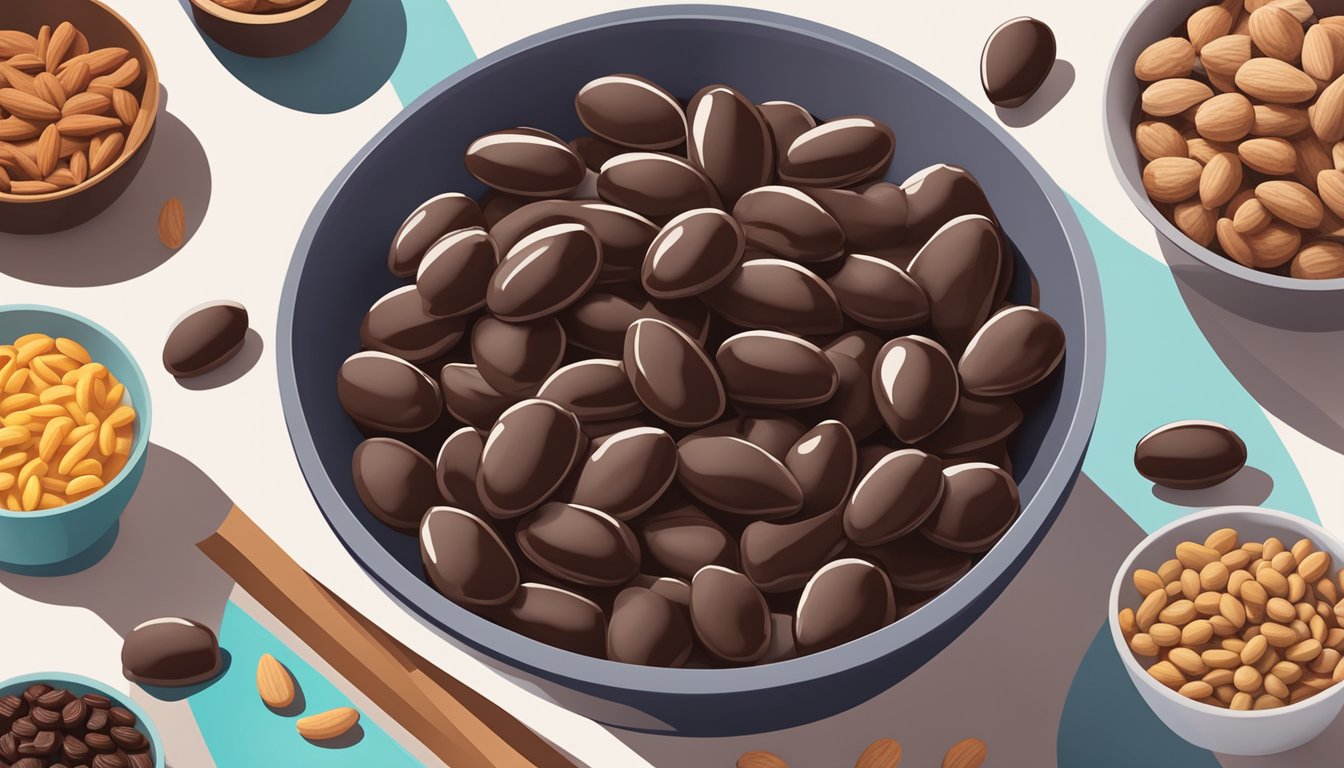 A bowl of dark chocolate covered almonds surrounded by diabetic-friendly snack options on a movie night table