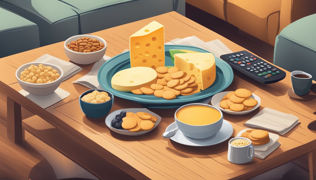 A platter of cheese and whole grain crackers surrounded by movie snacks and a remote control on a cozy living room coffee table