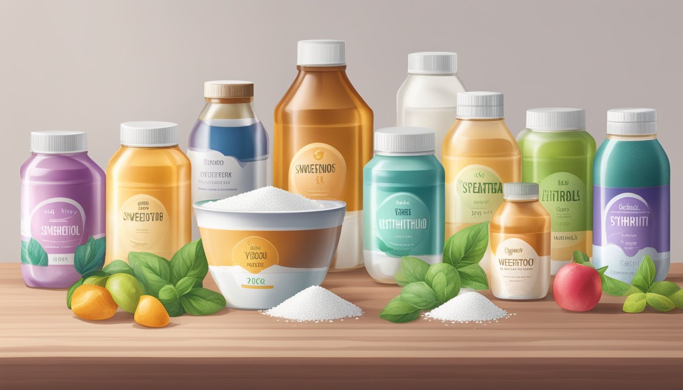 A group of various sweeteners, including erythritol, displayed on a table with clear labels indicating their vegan status