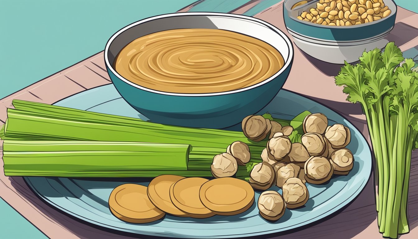 A plate of celery sticks with dollops of peanut butter, surrounded by movie snacks