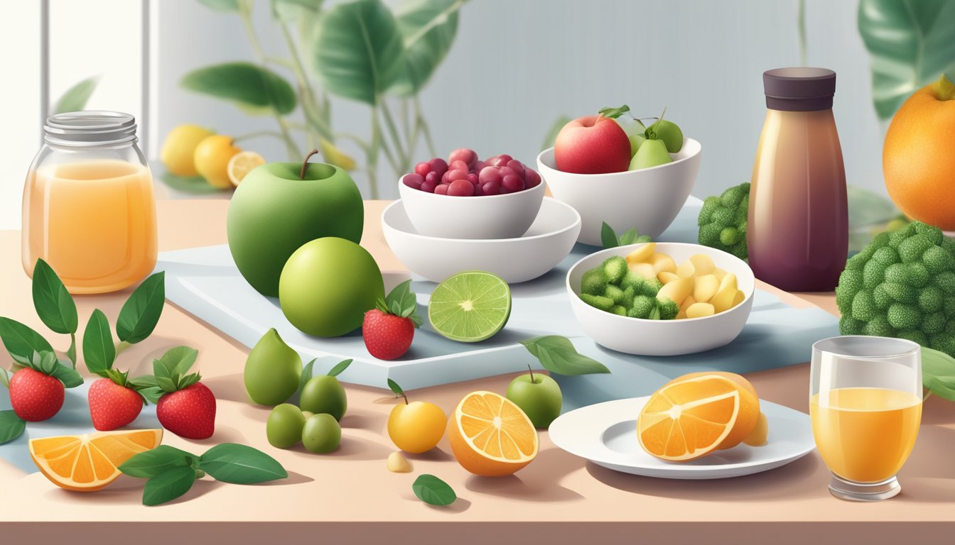 A variety of vegan foods and beverages containing erythritol are displayed on a modern, minimalist table setting, surrounded by fresh fruits and plants