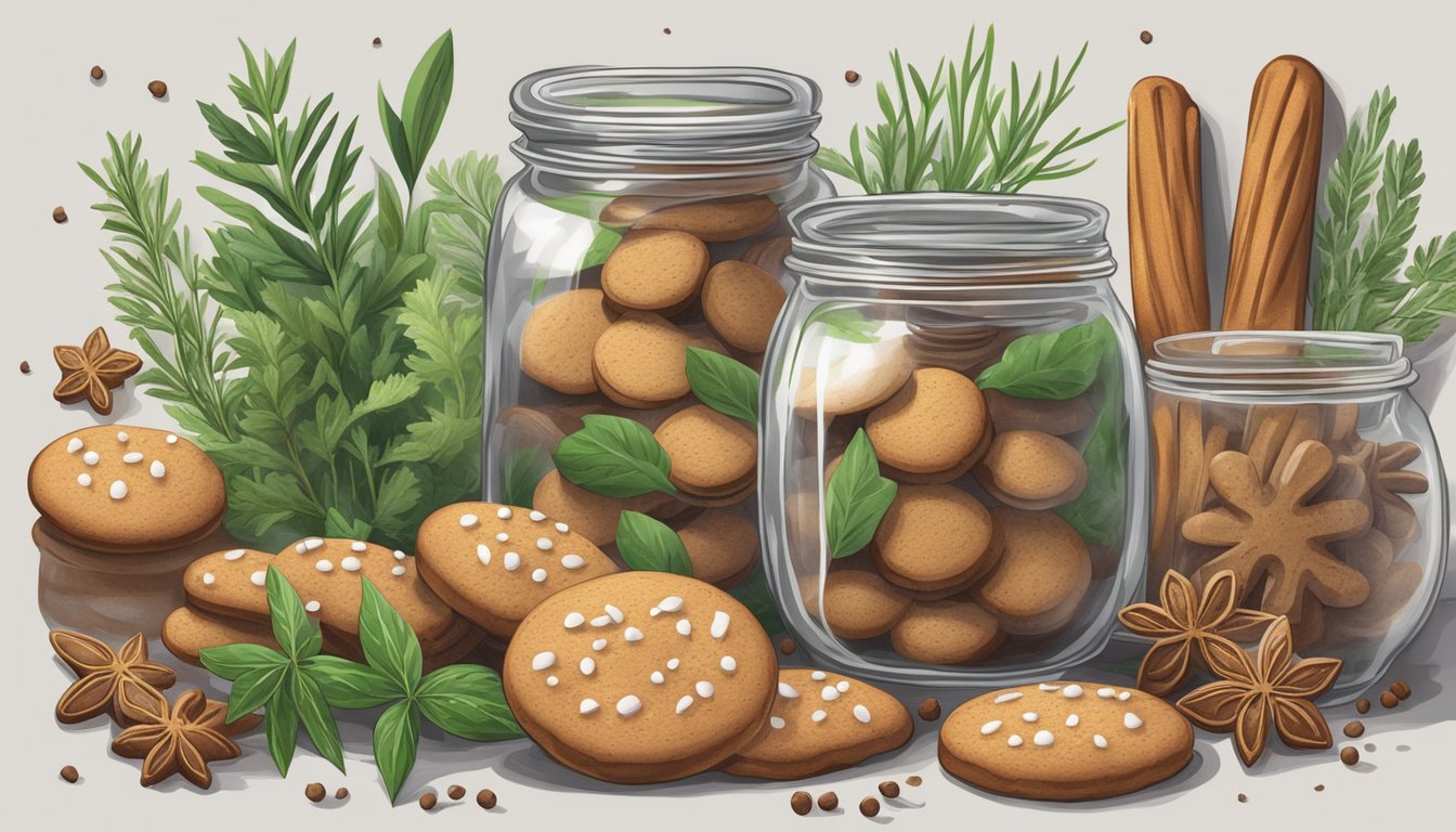 A glass jar filled with gingerbread cookies surrounded by fresh herbs and spices