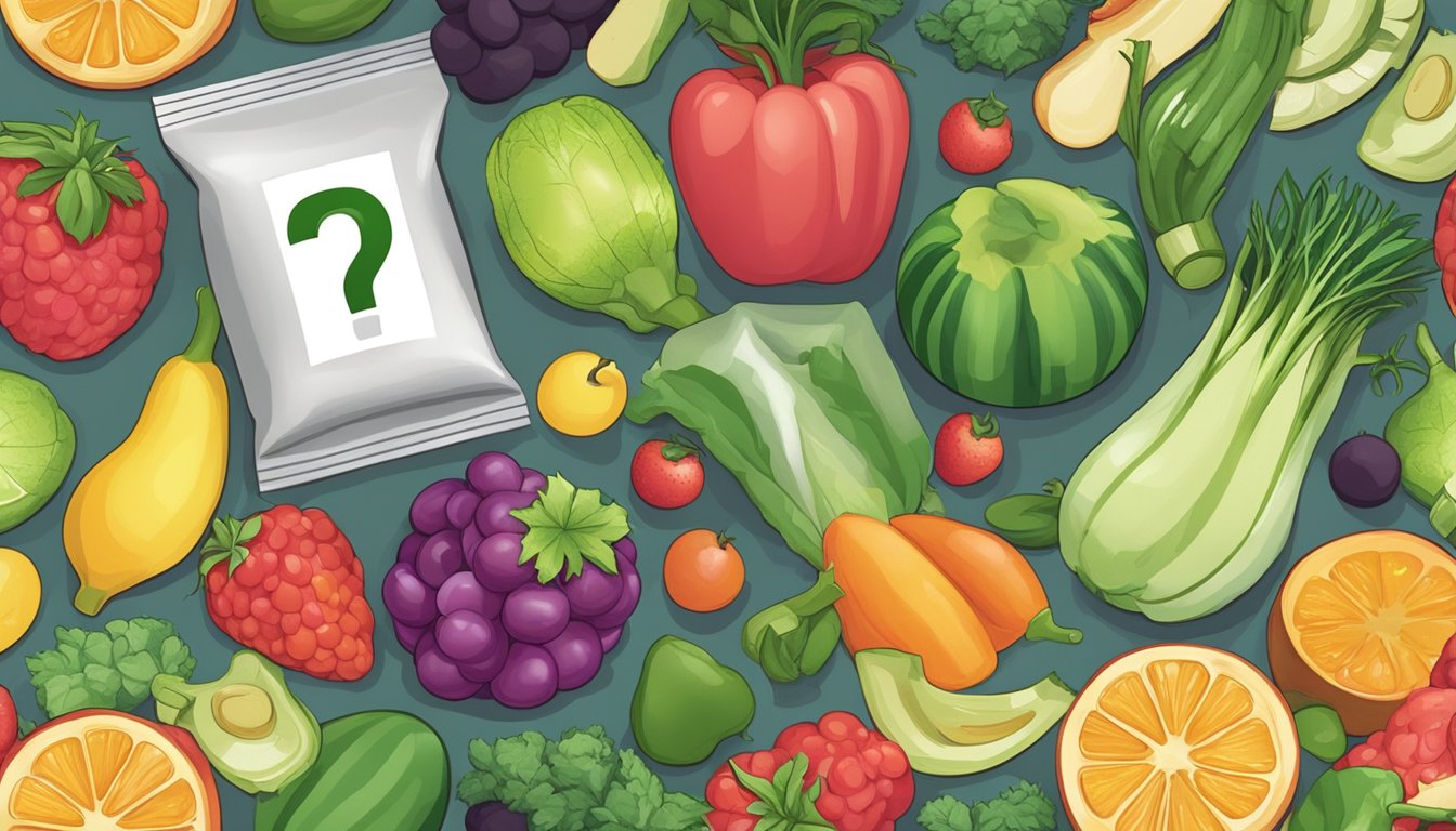 A group of assorted fruits and vegetables surrounding a packet of erythritol, with a question mark hovering above it