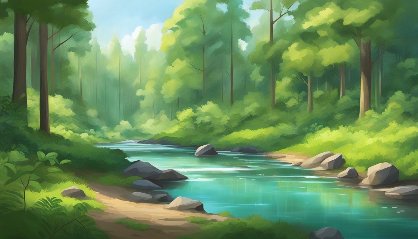 A serene forest scene with a clear stream, lush greenery, and a small sustainable erythritol production facility nestled among the trees