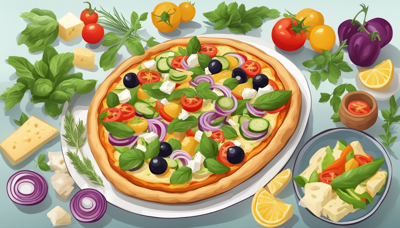 A table set with a colorful Greek pizza, topped with fresh vegetables and vegan cheese, surrounded by Mediterranean herbs and ingredients